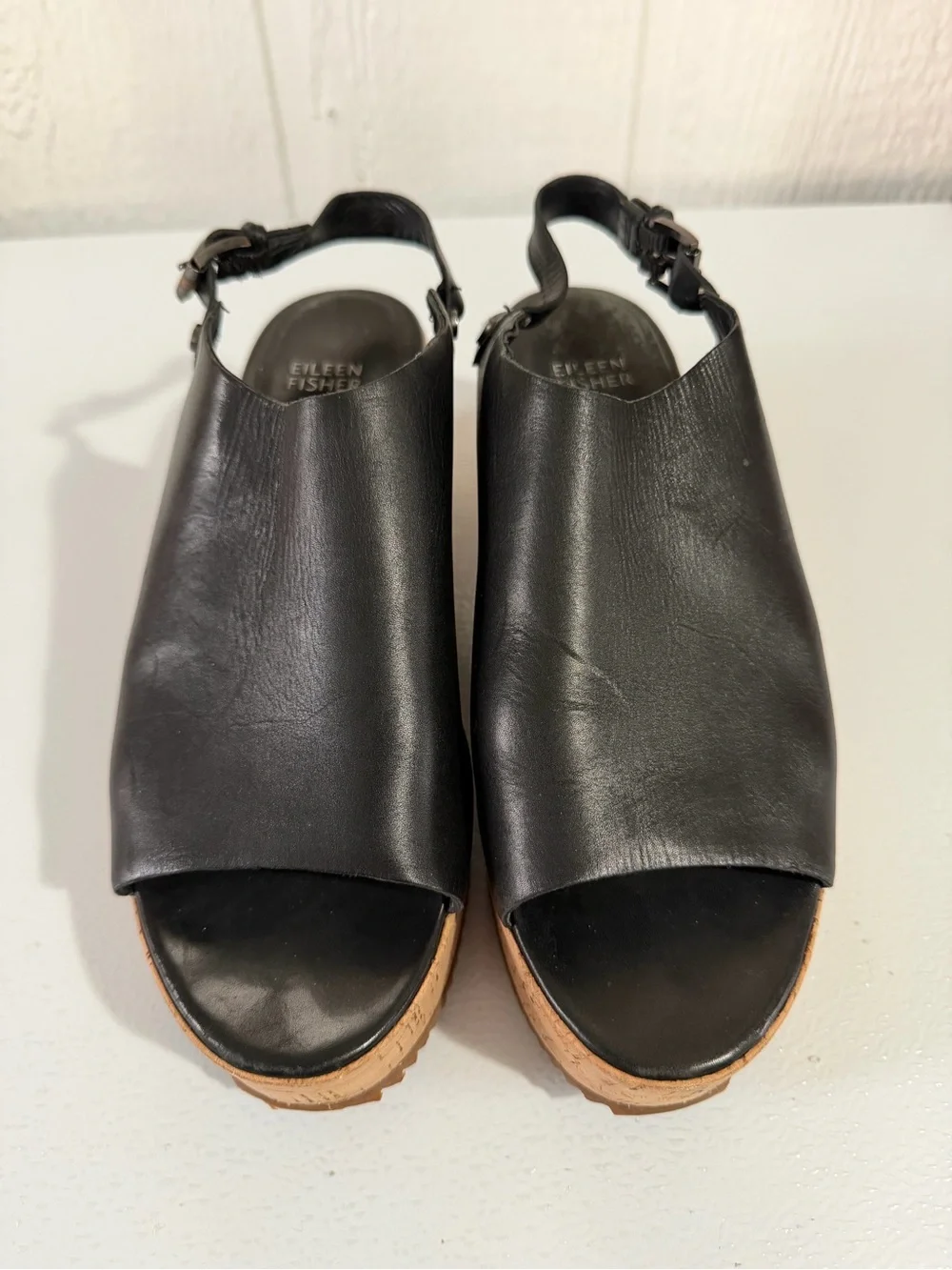 Eileen Fisher Black Leather Cork Platform Slingback Sandals Women’s 8.5